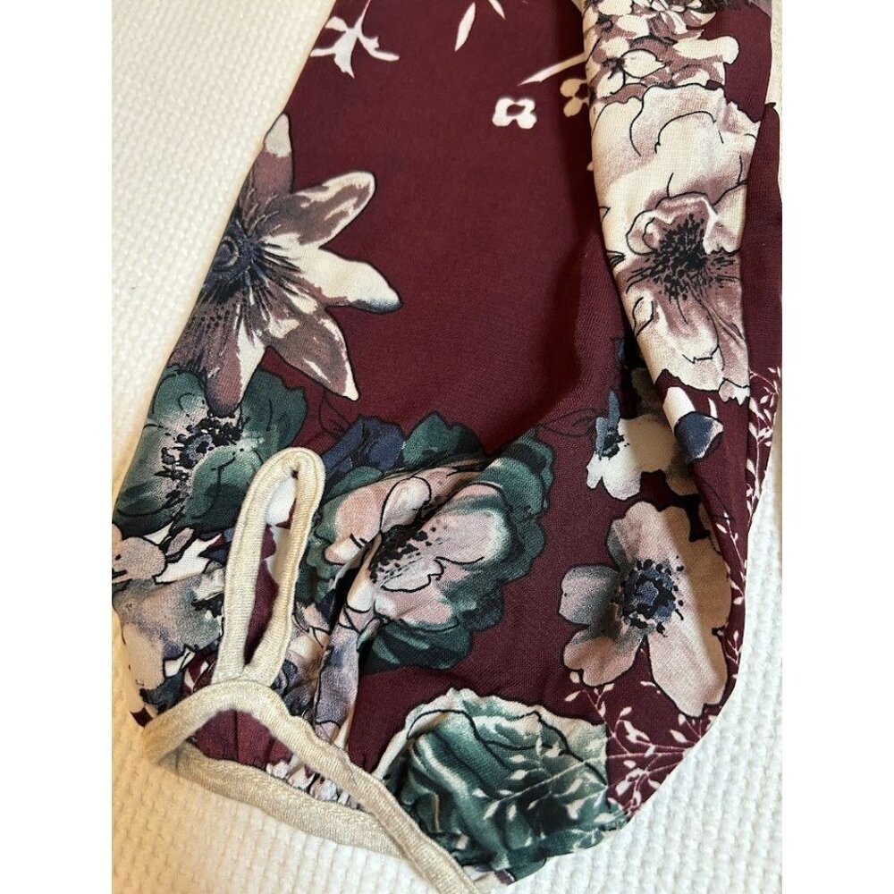 Hailey & Co. Womens Floral Sleeve Raglan Top Size L‎ Beige & Burgundy - Picture 2 of 5